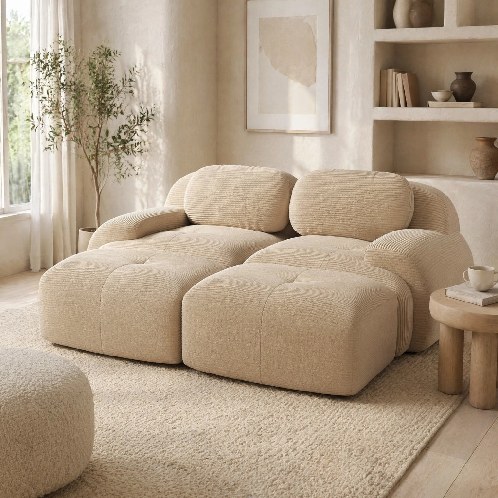 Divano angolare modulare in velluto a coste beige 208x178x70 cm; senza telaio