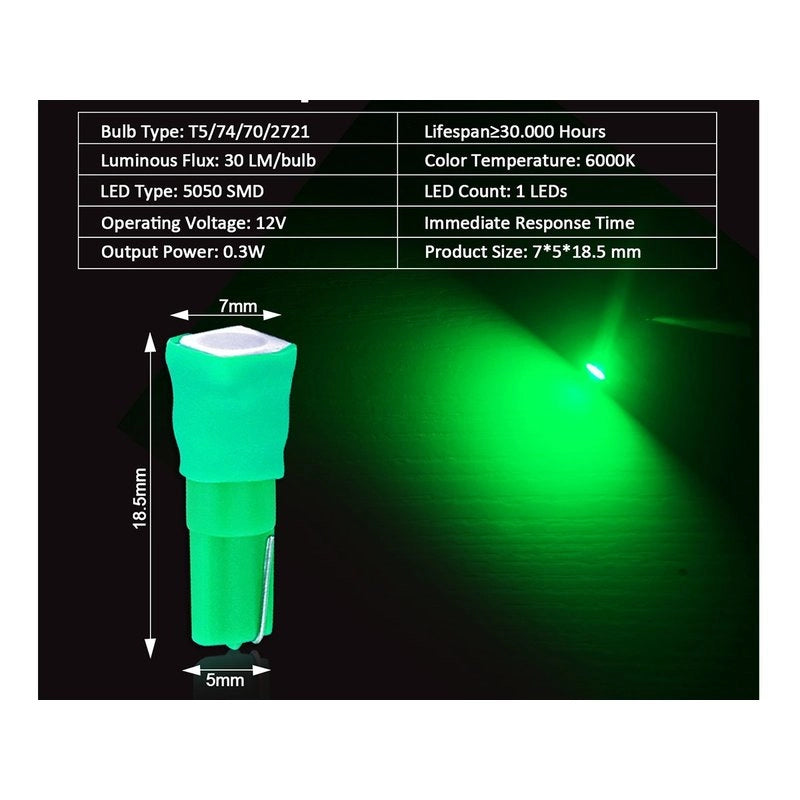 10x Lampadine LED T5 12V W1.2W Verde Cruscotto Auto Moto 1 SMD 5050