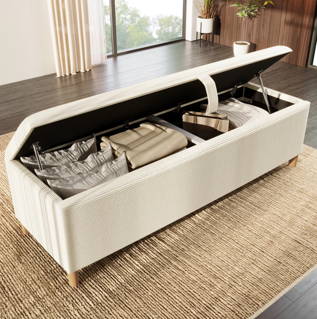 Letto Matrimoniale 140x200 cm con Panchetta, Testiera con Storaggio, LED e Schienale in Velluto a Coste Beige, Rovere Chiaro, Senza Materasso