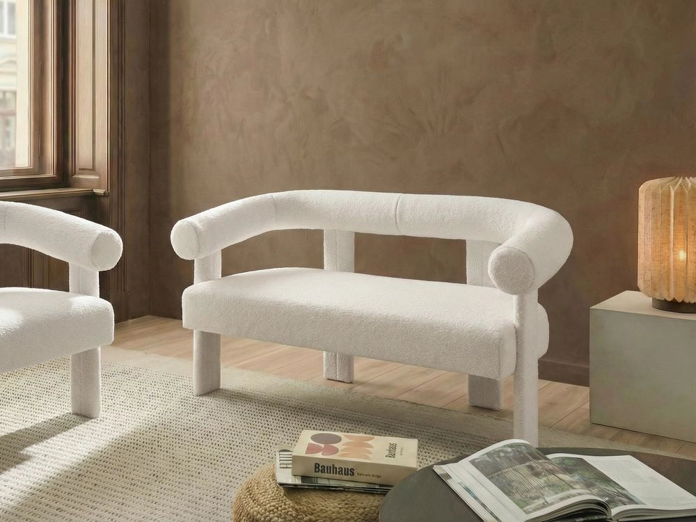 Divano a 2 posti morbido tessuto Boucle bianco sporco stile retrò vintage gambe in legno
