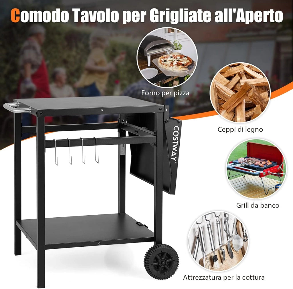 Carrello per Barbecue, Carrello di Servizio con Ruote e 4 Ganci, Pannello Laterale Pieghevole, Carrello Cucina Multiuso per Forno da Pizza, per Casa Cortile Patio e Giardino