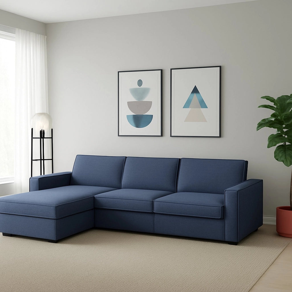 Divano fisso Sodalite, Divano ad angolo, Made in Italy, SofÒ  Soggiorno con, penisola contenitore Sinistra, con Braccioli slim, cm 260x95h90, Blu