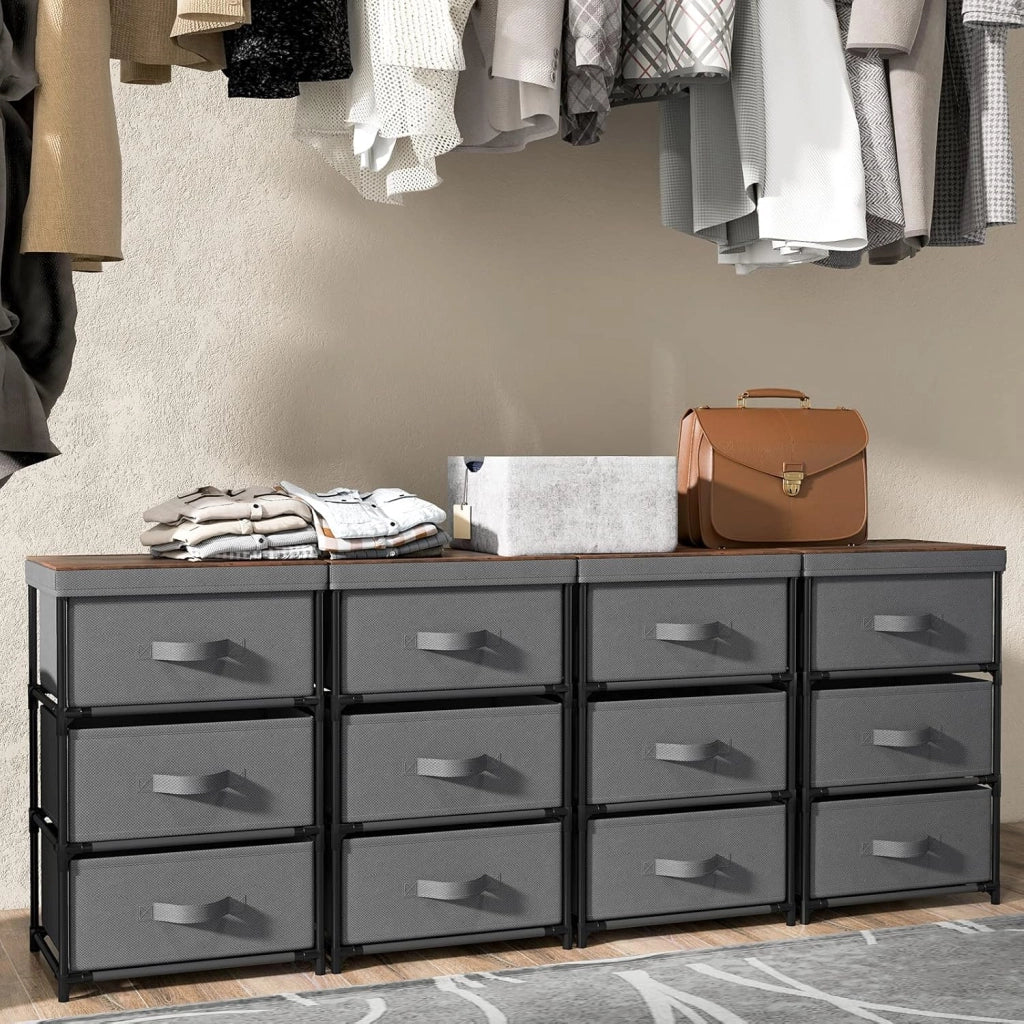 Cassettiera in Tessuto, Mobile con 3 Cassetti e Struttura Robusta in Metallo, Armadio per Camera da Letto, Soggiorno, Ingresso, 40 x 30 x 62 cm (Grigio 2 Pezzi)