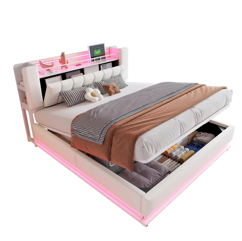 Letto imbottito 180x200 cm con LED, USB e contenitore idraulico beige