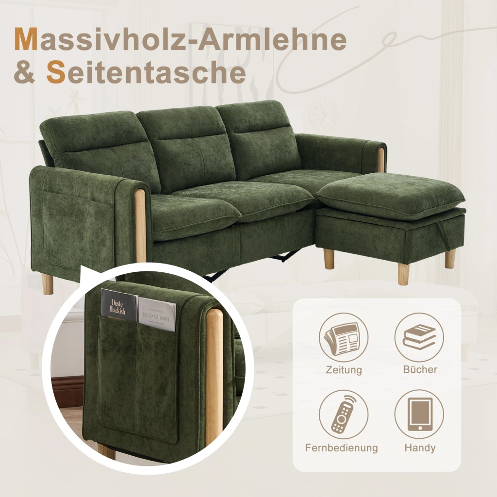 Divano ad angolo con pouf contenitore e tasche laterali chaise longue reversibile in ciniglia verde 201 × 77 × 86 cm