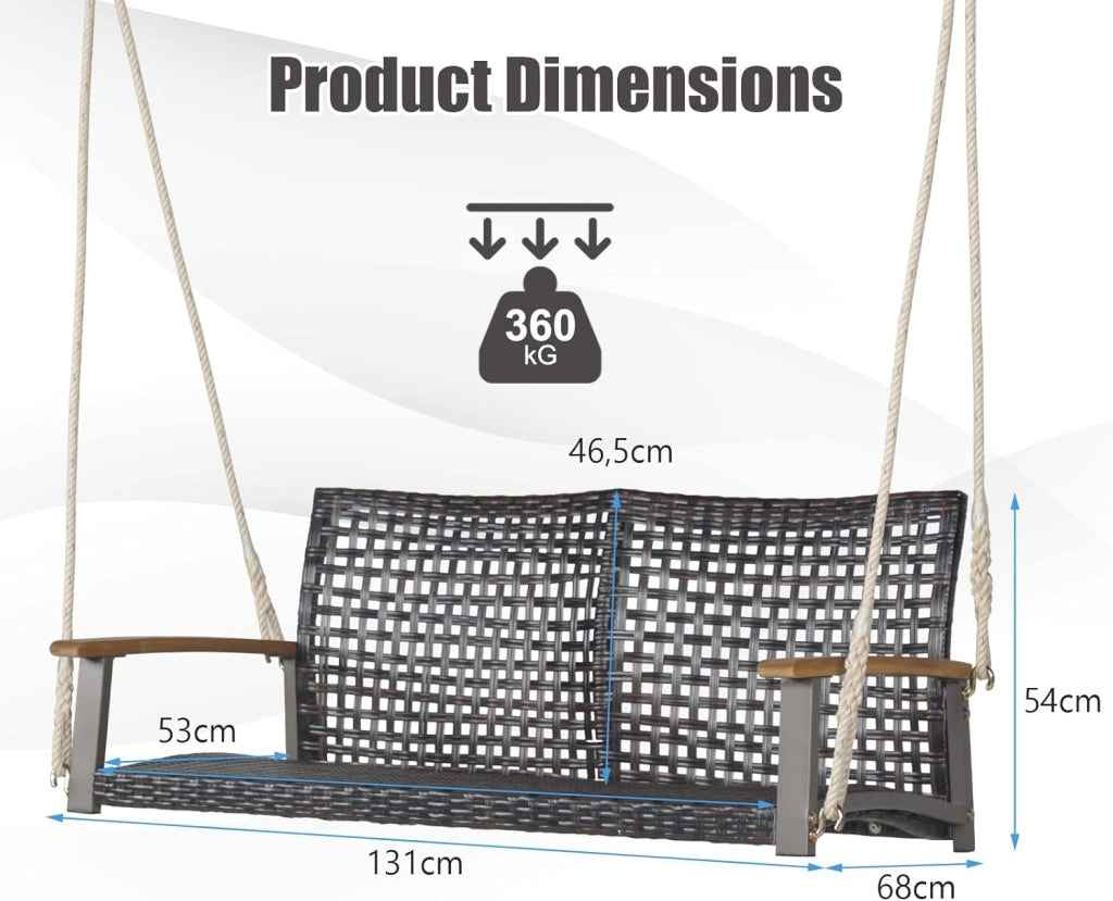 Altalena in vimini per 2 persone in rattan PE con schienale curvo per esterni, corde resistenti, capacità di carico di 360 kg, per terrazza, patio, giardino, balcone