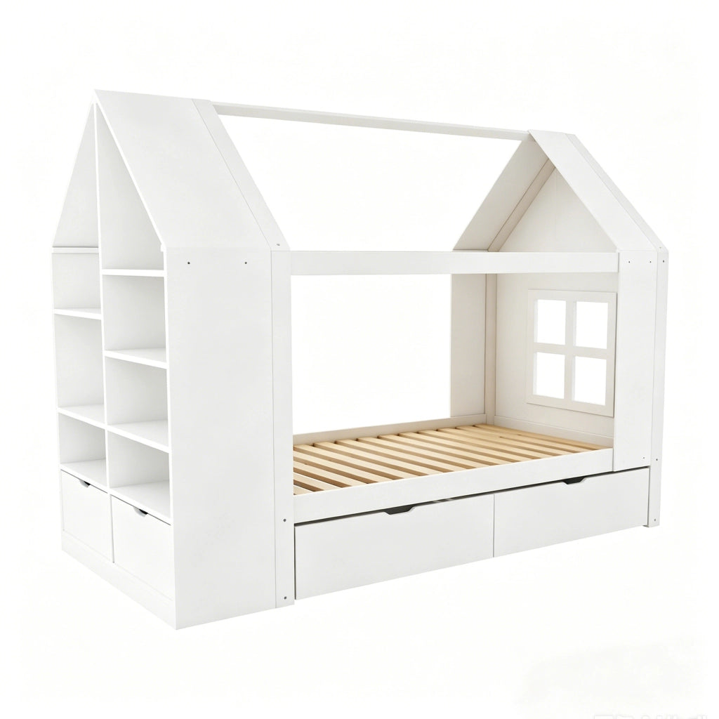Letto Casetta 90x200 cm con Cassetti; LED e Mensole - in Legno - Bianco