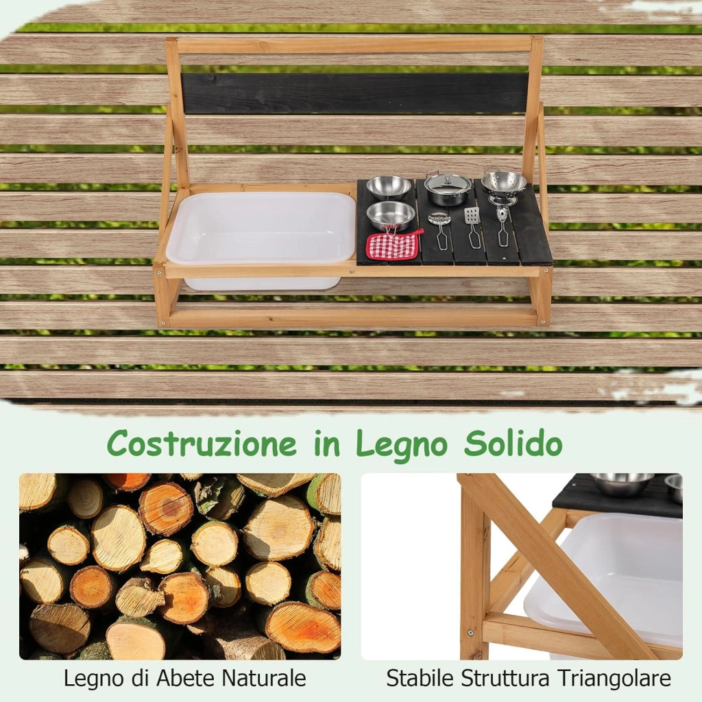 Cucina Giocattolo per Giardino in Legno di Abete, Cucina per Fango da Esterno per Bambini con Ganci, Lavagna e Lavandino, Set Cucina con 9 Accessori, 81 x 36 x 49 cm, per Bambini 3+ Anni