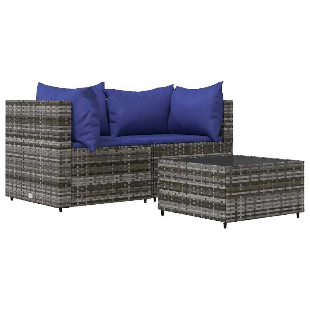 Set Divani da Giardino 3 pz | Set Salotto da Giardino con Cuscini in Polyrattan Grigio