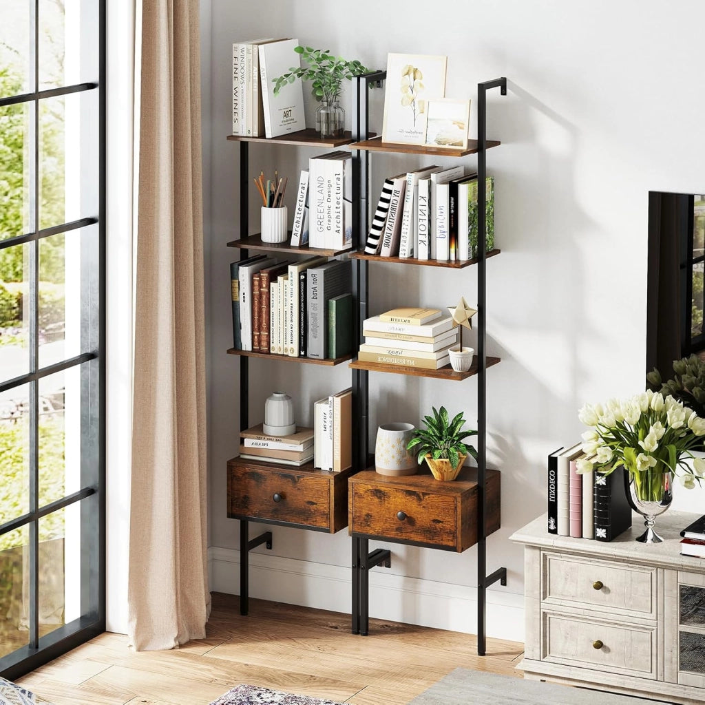Scaffalatura Rustica a 4 Ripiani, 43 x 29,5 x 177,5 cm, con Telaio in Metallo, Sistema Anti-Ribaltamento e Cassetti, per Soggiorno e Ufficio, Marrone
