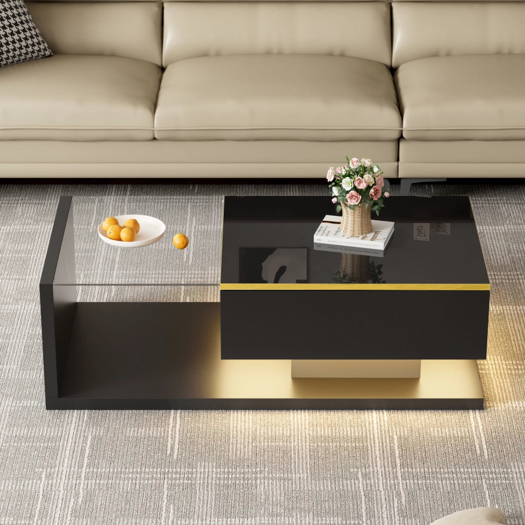 TAVOLINO DA CAFFÈ 100x50 cm Nero lucido con piano in vetro e LED