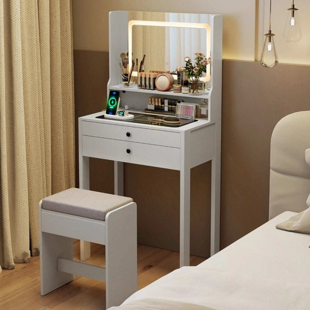 Piccolo tavolo da trucco con 3 modalit¨¤ di illuminazione e sgabello imbottito, Toeletta con specchio e luci Bianco-Tavoli da trucco