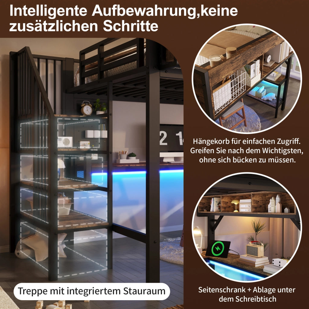 Letto a Soppalco 140 x 200 cm - Scrivania Angolare; Contenitore; USB; Presa e LED