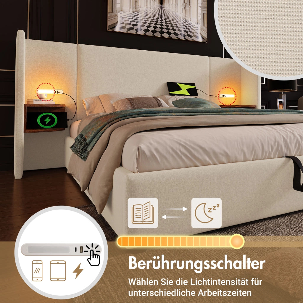 LETTO Contenitore 160x200 cm Beige in lino con lampada da lettura e USB