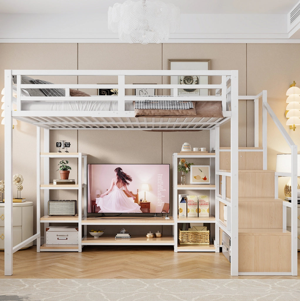 Letto a soppalco ULEVR 140x200 cm con supporto TV, presa integrata e scala di sicurezza, bianco