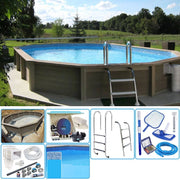 Kit Piscina Cemento Effetto Legno Naturalis Decagono Allungato 6,35 X 4,72 X H 1,40 M Con Filtrazione A Sabbia E Locale Tecnico