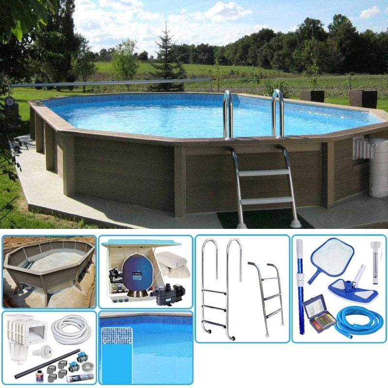 Kit Piscina Cemento Effetto Legno Naturalis Decagono Allungato 6,35 X 4,72 X H 1,40 M Con Filtrazione A Sabbia E Locale Tecnico