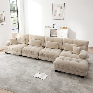 Divano angolare modulare - Xylo - Configurazione L, 4 posti con pouf removibile, chenille marrone chiaro
