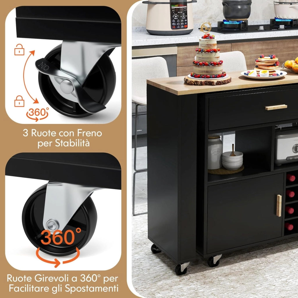 2 in 1 Carrello da Cucina, Carrello di Servizio Reversibile con Piano in Legno di Gomma, Ripiano Regolabile Porta Calici per 12 Bottiglie, 120x40x100 cm (Nero)