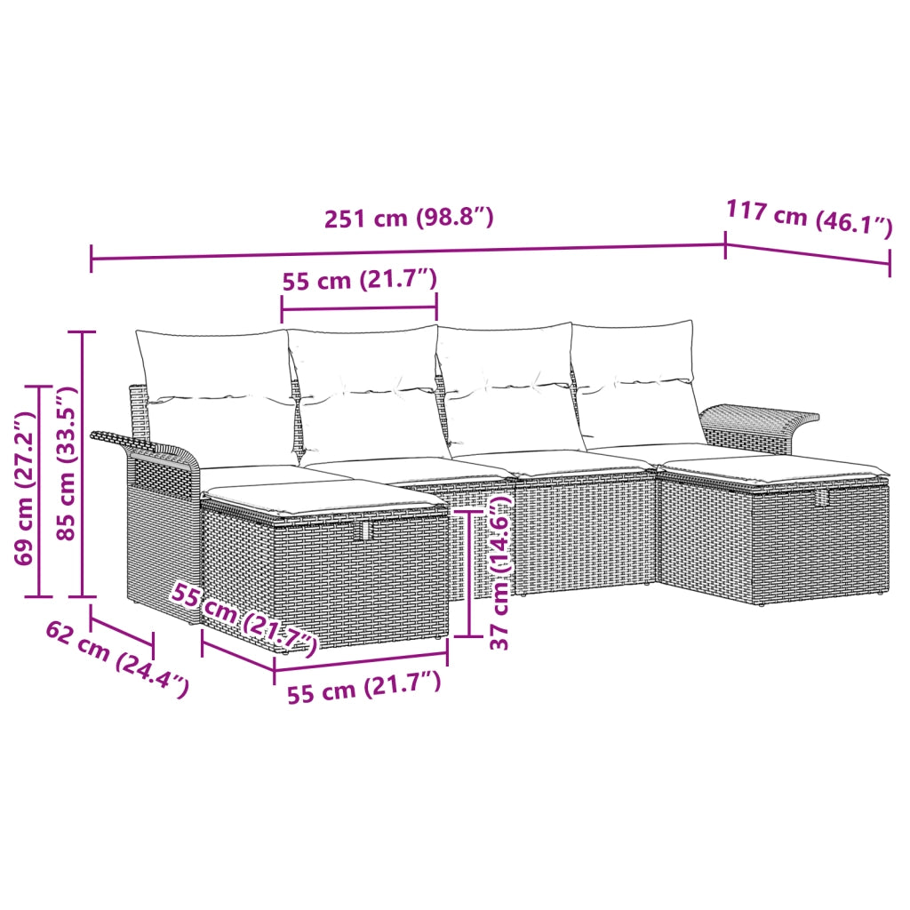 Set di Divani da Giardino 6 Pezzi con Cuscini Nero Polyrattan