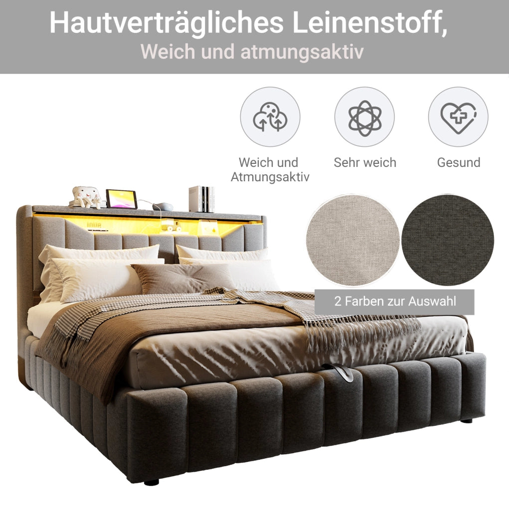 Letto matrimoniale imbottito 180x200 cm con contenitore, LED e USB
