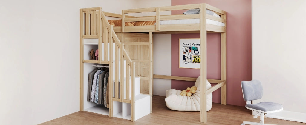 DESMIU Letto a soppalco 1 posto con scala contenitore e armadio, 90 × 200 cm, senza materasso, legno naturale