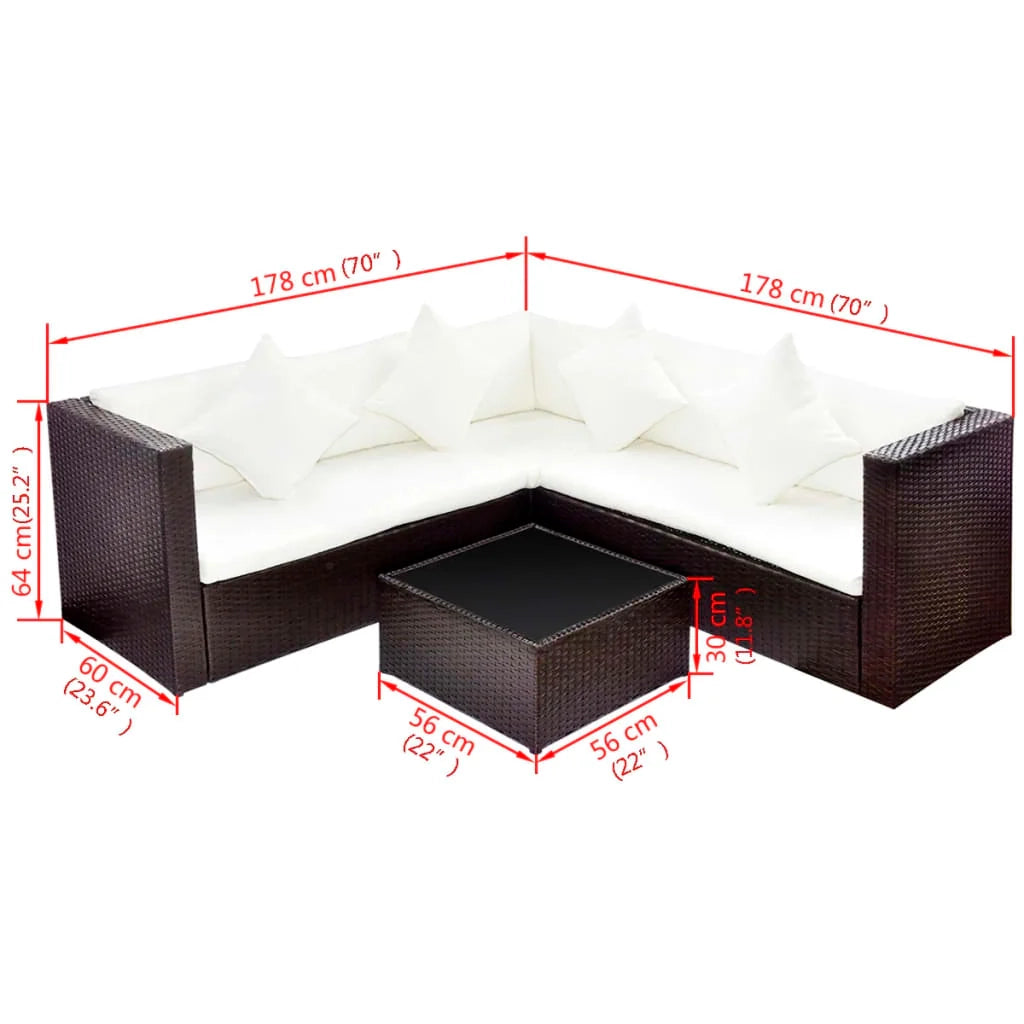 Set di mobili da giardino mobili da esterno 4 pezzi con cuscini resina intrecciata marrone 02_0016188