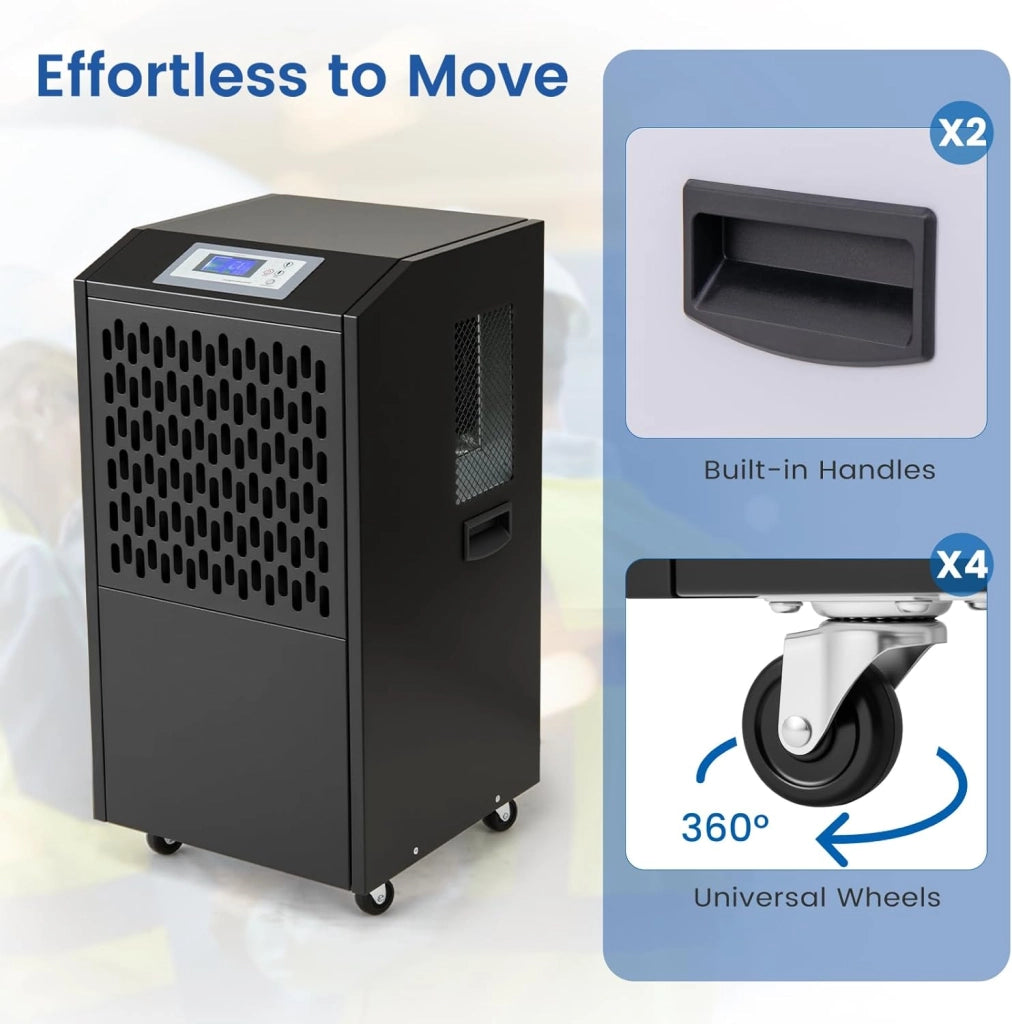Deumidificatore Elettrico 118L/Giorno, Deumidificatore Professionale Industriale con Ruote, Tubo di Scarico, Timer 24 Ore, Filtro Rimovibile Lavabile, per Cantine, Magazzini, Scantinati (Nero)