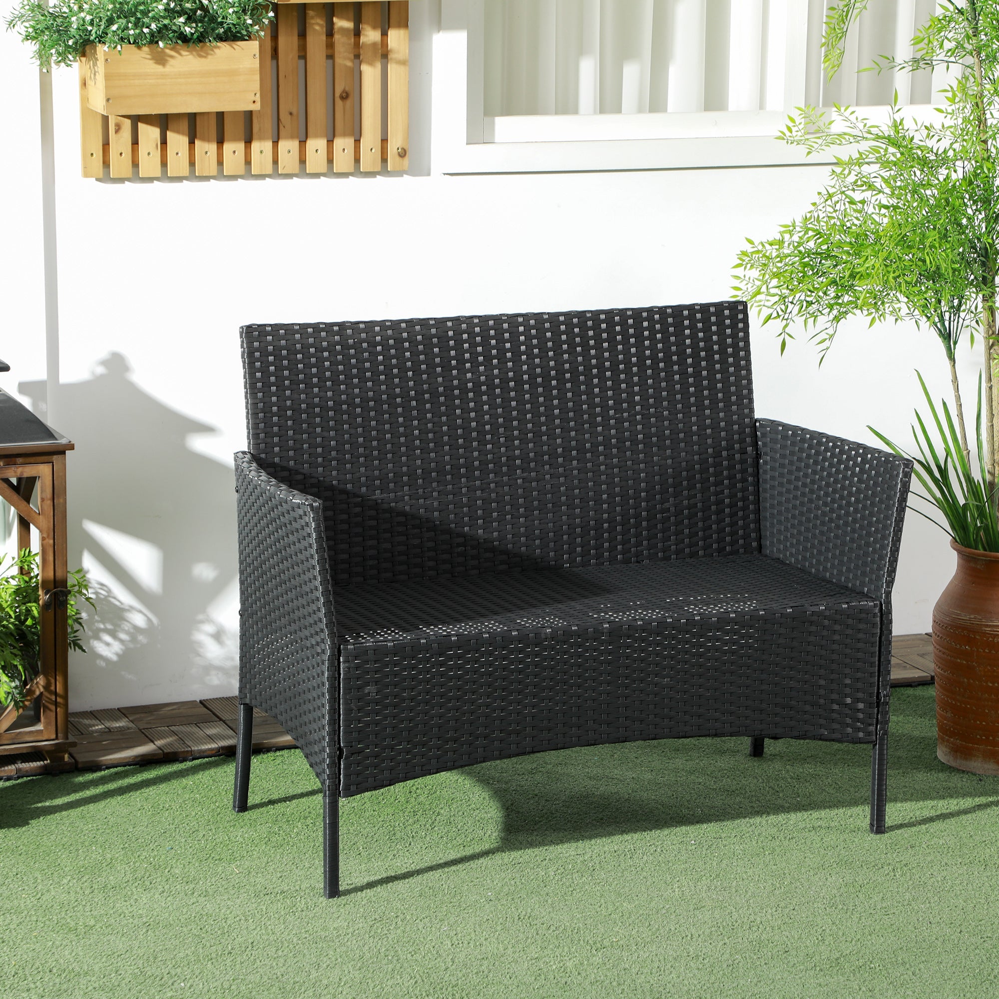 Divano da Giardino a 2 Posti con Cuscino e Braccioli 100x54x80cm in Rattan PE e Acciaio Nero