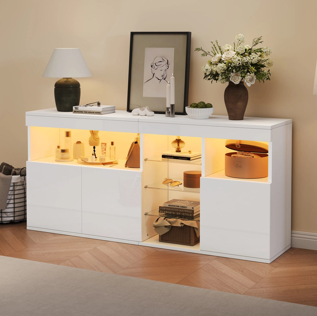 Credenza LED bianca 155,5 x 35 x 72 cm in pannello di particelle e vetro