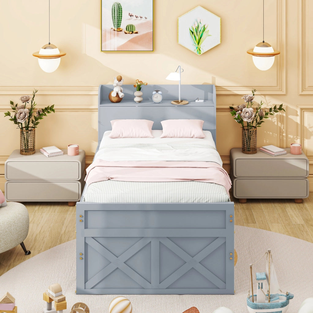 Letto 90x190 cm con cassetti; letto estraibile e USB in legno grigio