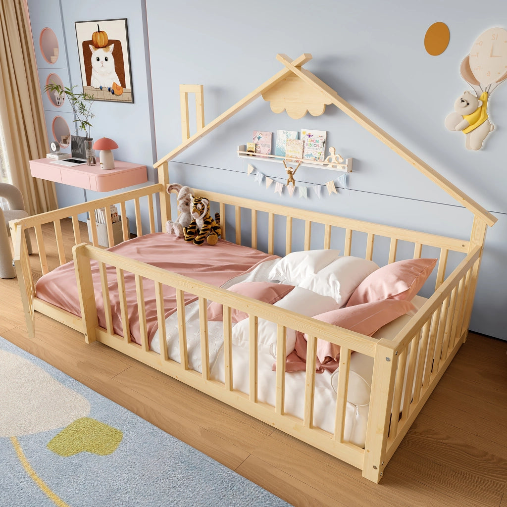 Letto a Casetta 90 × 190 cm; Singolo con Sponda con Chiusura; senza Materasso; Pino e MDF; Naturale