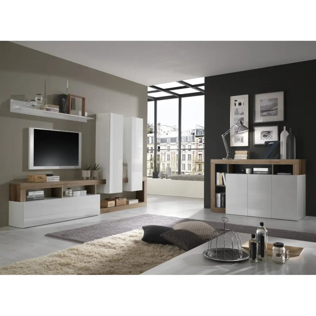 Set mobili soggiorno con contenitori, collezione BURA, bianco lucido laccato/quercia mercurio