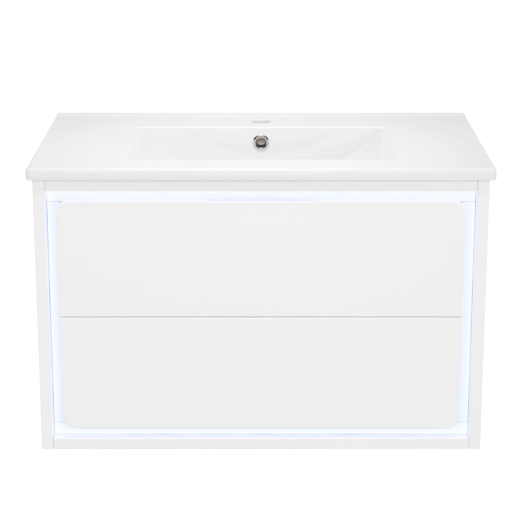 Mobile Bagno Sospeso con Lavabo Integrato e LED ¨C MINIMAL ¨C Bianco, 2 Cassetti, 76x46x48.5cm