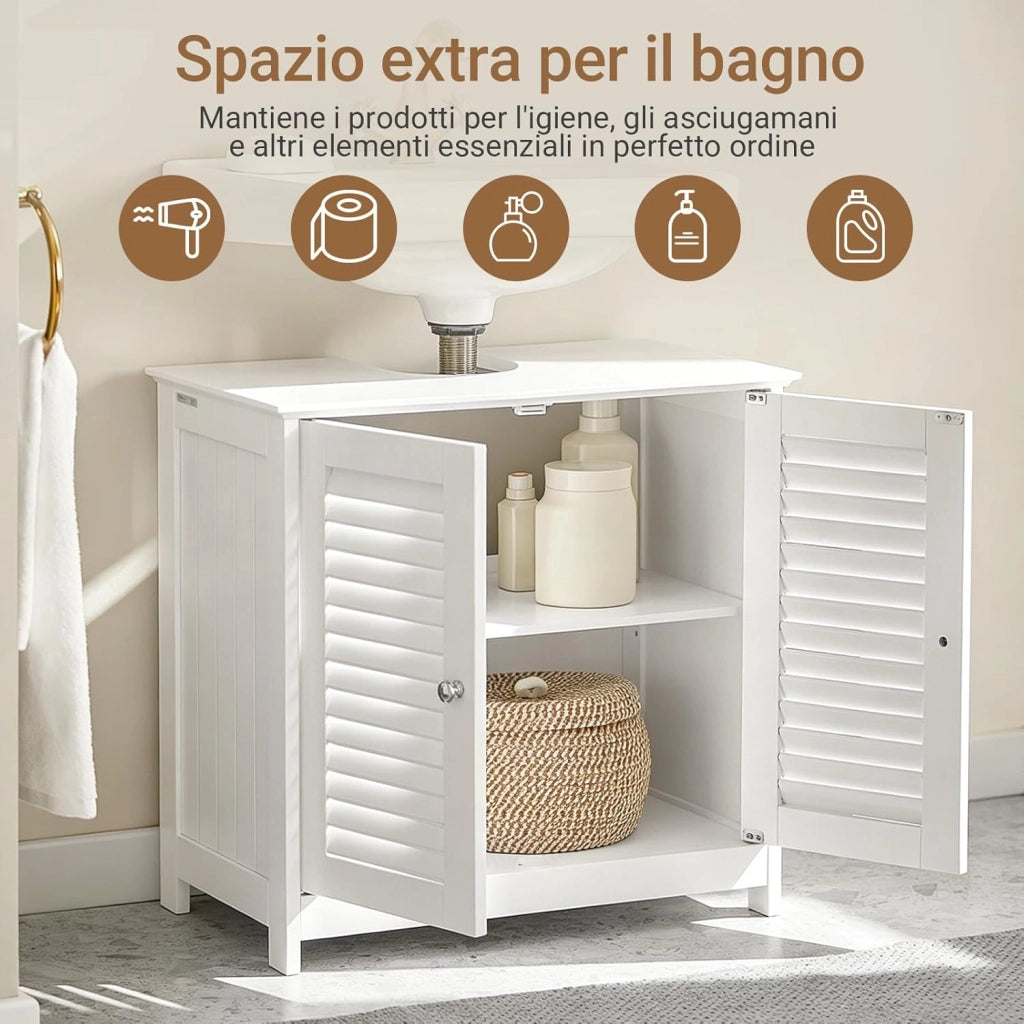 Mobile Bagno Sottolavabo - Mobiletto Bagno Salvaspazio con Mensole Regolabili, Mobile Lavabo in MDF, Antimuffa con Porta a Lamelle, per lavabo a muro, Bianco, 60x58x35cm, FRG237-W