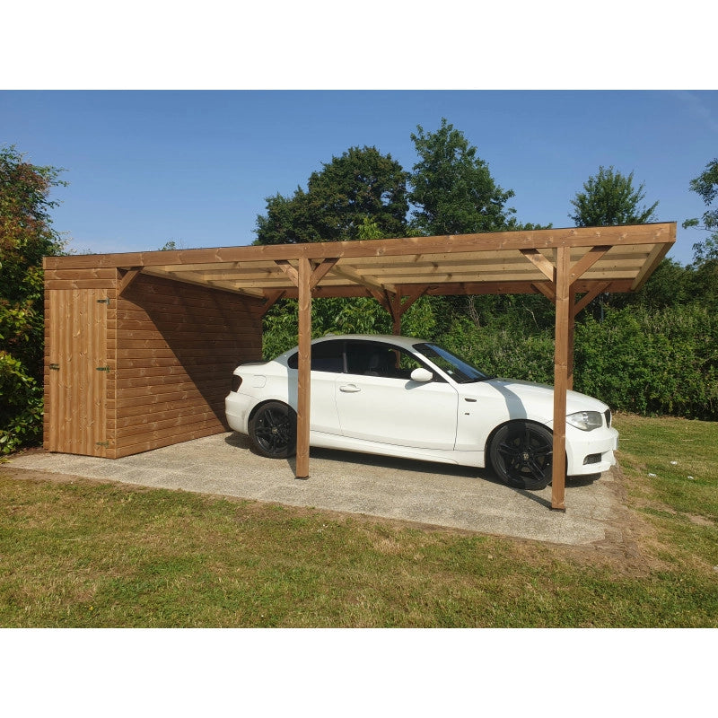 Tettoia auto in legno termotrattato 631x300 cm – Carport auto con capanno 3 m² e tetto in policarbonato – THP3063A Foresta