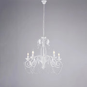 Lampadario Shabby Damasco 5 Luci Ferro Battuto Bianco E Cristalli