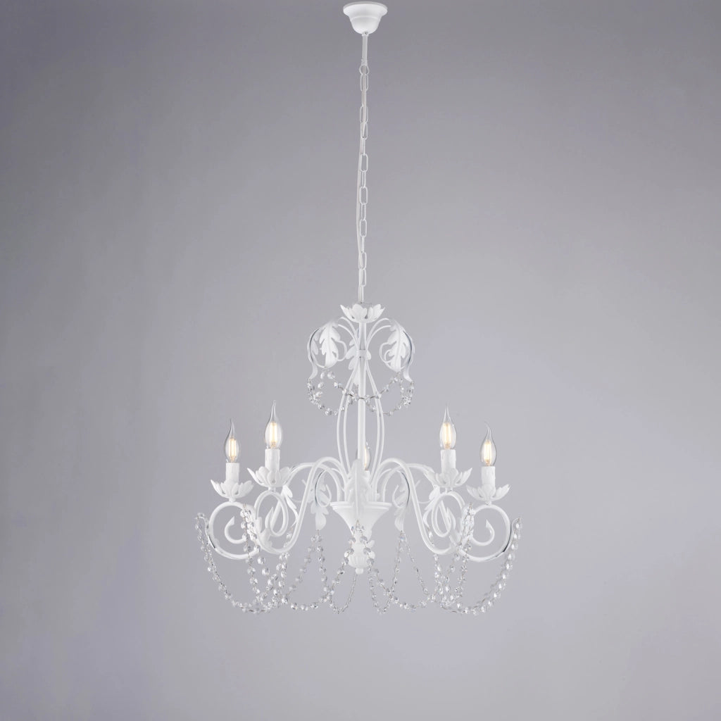 Lampadario Shabby Damasco 5 Luci Ferro Battuto Bianco E Cristalli