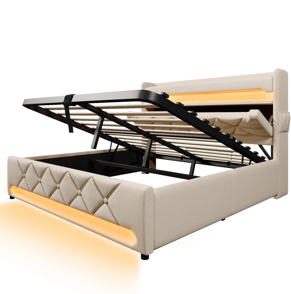 Letto matrimoniale 140x200 cm in lino beige con contenitore idraulico; LED 360掳 e testiera con porte USB e Type-C