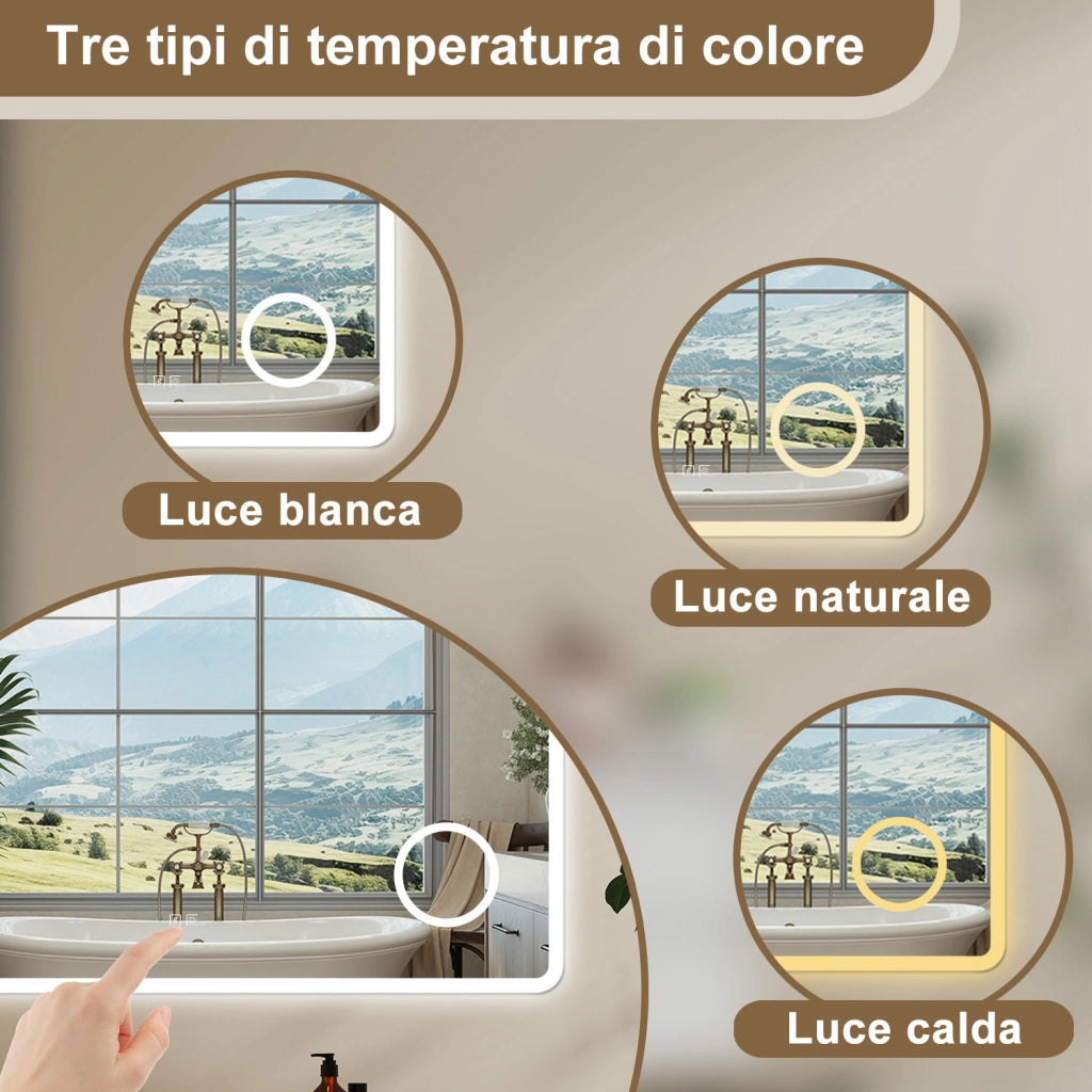 Aica 80x60cm Specchio da bagno Bluetooth antiappannamento, 3 colori dimmerabili, lente d'ingrandimento 3X