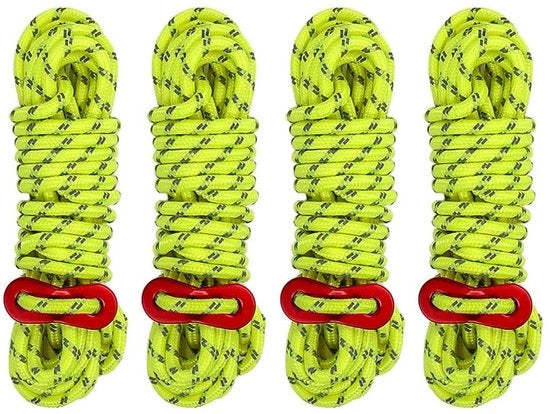 Tessuto in nylon - Corda per tenda - Ultraleggero e resistente - Verde fluorescente - Ideale per campeggio e escursioni - 4 pezzi di 4 mm e 4 m