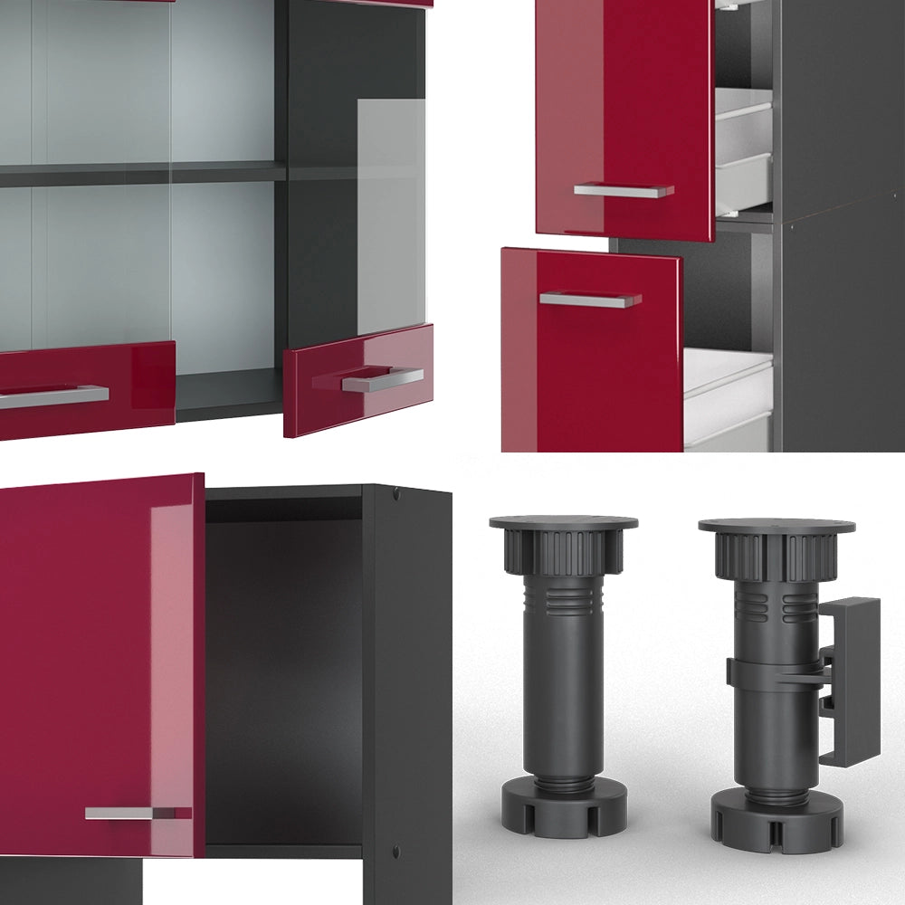 Vicco Cucina componibile Rosso lucido/antracite 350 cm con armadio alto, senza piano di lavoro