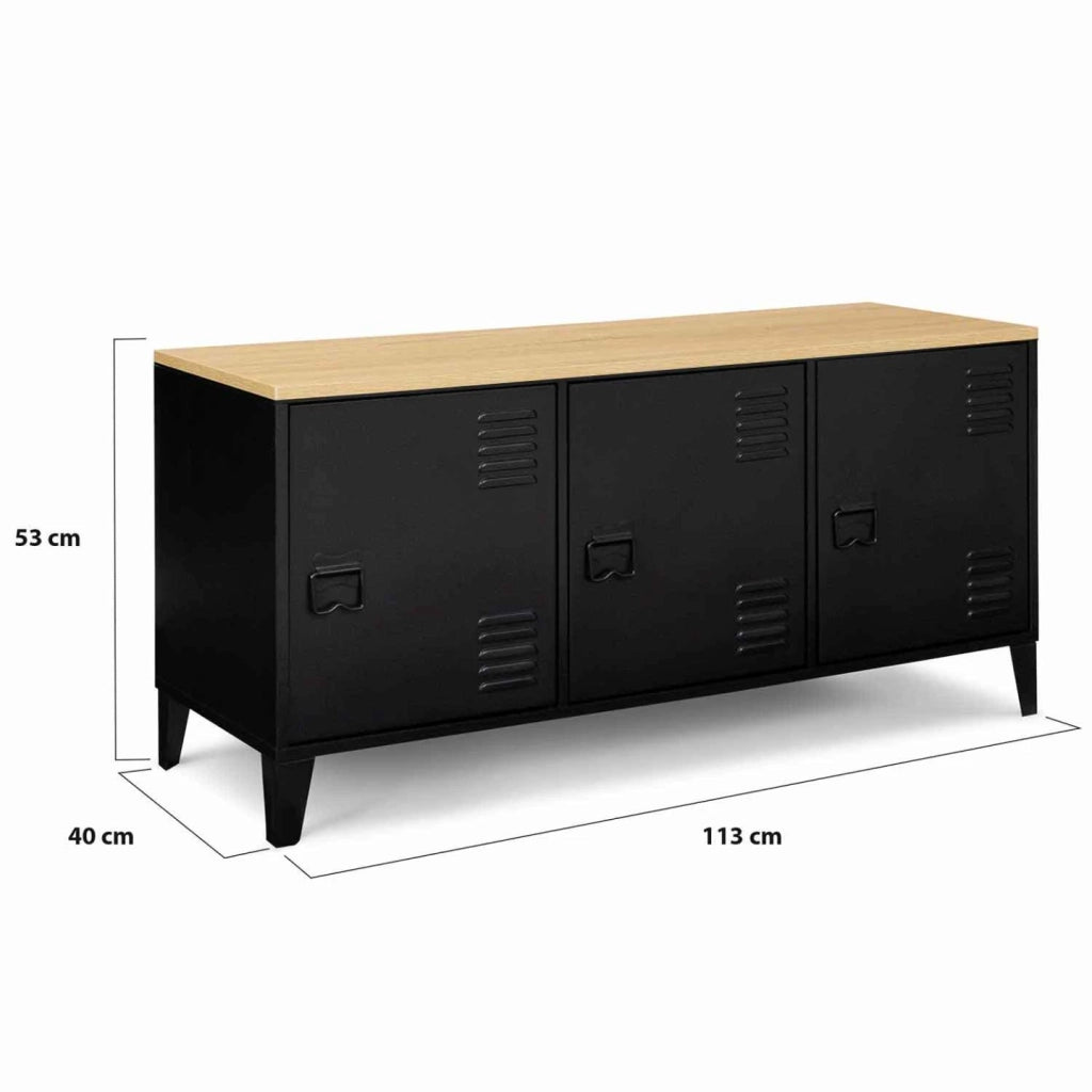 IDMarket - Credenza bassa a 3 ante, metal nero, vassoio in legno, design industriale ESTER