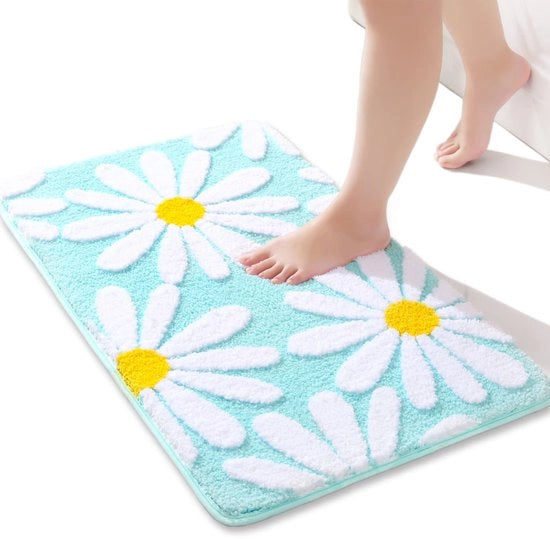 Matrice di assorbimento per bagno con disegno di fiori bianchi su sfondo verde, 40x60 cm, mattonella antiscivolo per la doccia, morbida matrice di microfibra per la zona bagno, mattonella superassorbente per la zona giorno