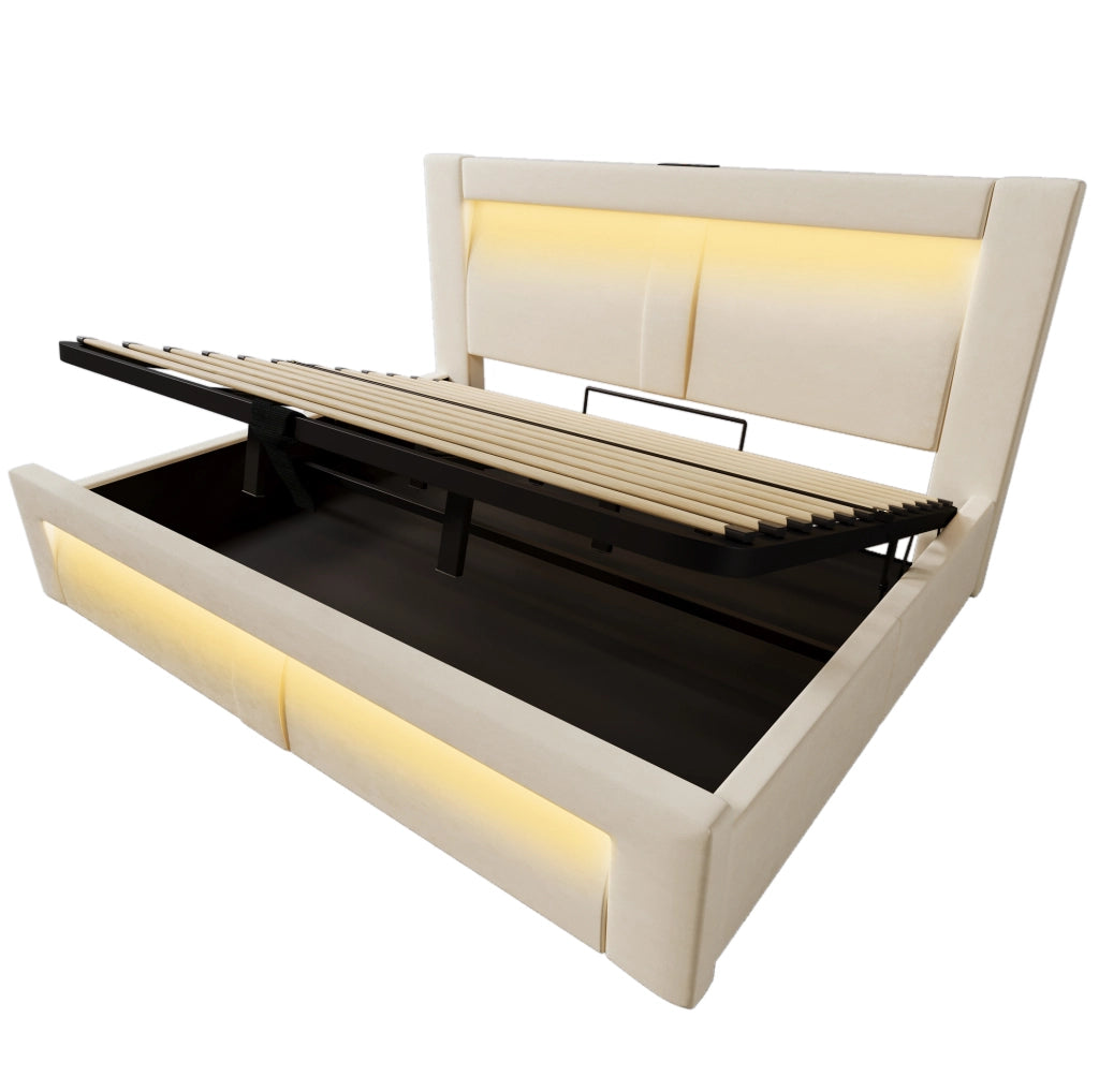 Letto matrimoniale 180x200 cm con contenitore; LED e porte USB Tipo C; velluto beige