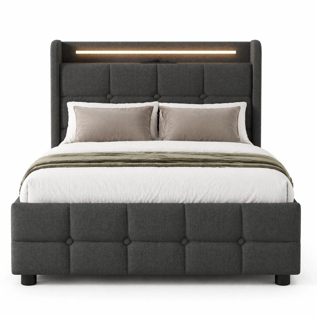 Letto singolo imbottito 90x200 cm con USB, LED e 2 cassetti, grigio