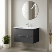 Mobile bagno sospeso 100 cm bicolore grigio cannettato e nero con lavabo e specchio Zena
