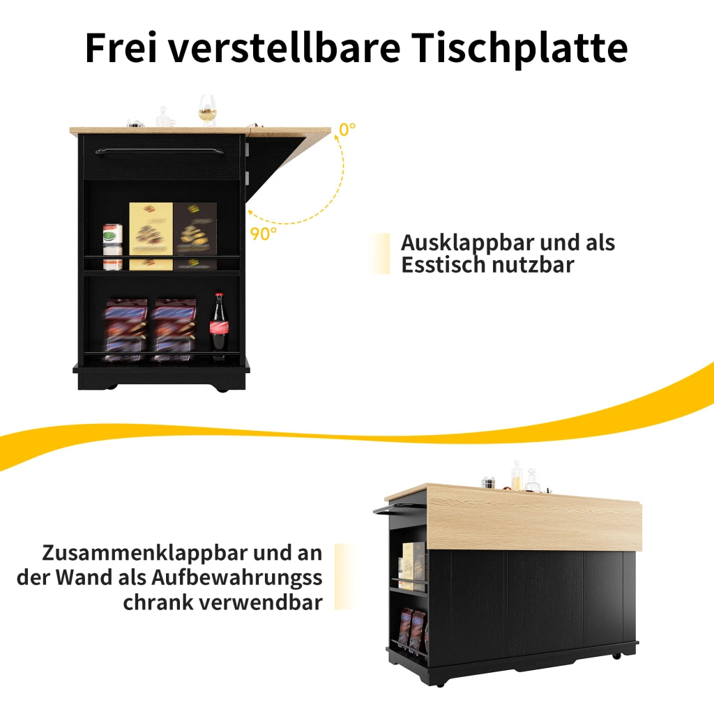 ISOLA CUCINA 151,5x60x91,7 cm Nero/Naturale con piano ribaltabile