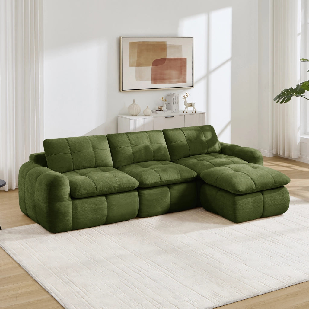 Divano modulare angolare 3 posti - con pouf coordinato - per soggiorno - in chenille verde