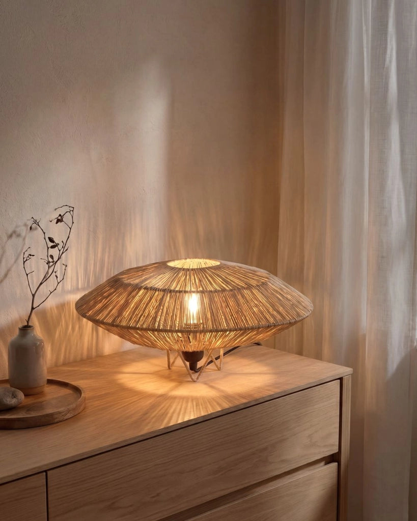 Lampada da tavolo con base in ferro e paralume in paglia naturale stile boho